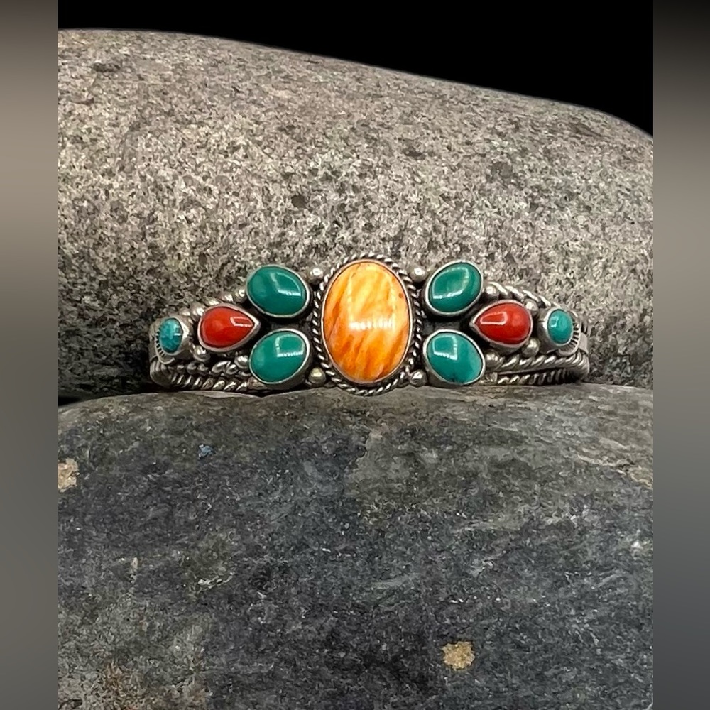Derrick Gordon Navajo Sterling Turquoise Spiny Oyster Coral Cuff Bracelet 6.75”